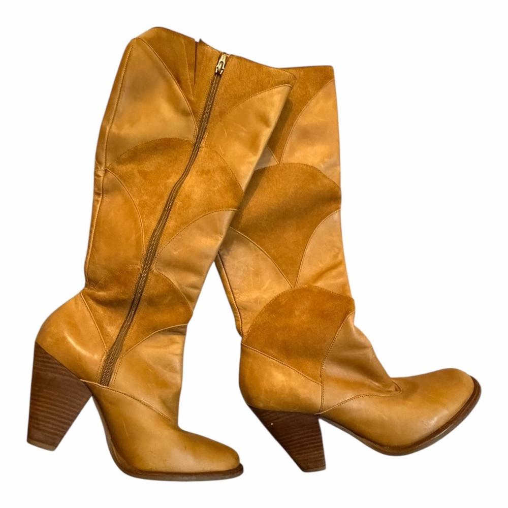 Schuler and Sons Tan Leather Knee-High Patchwork Boots Size 7.5